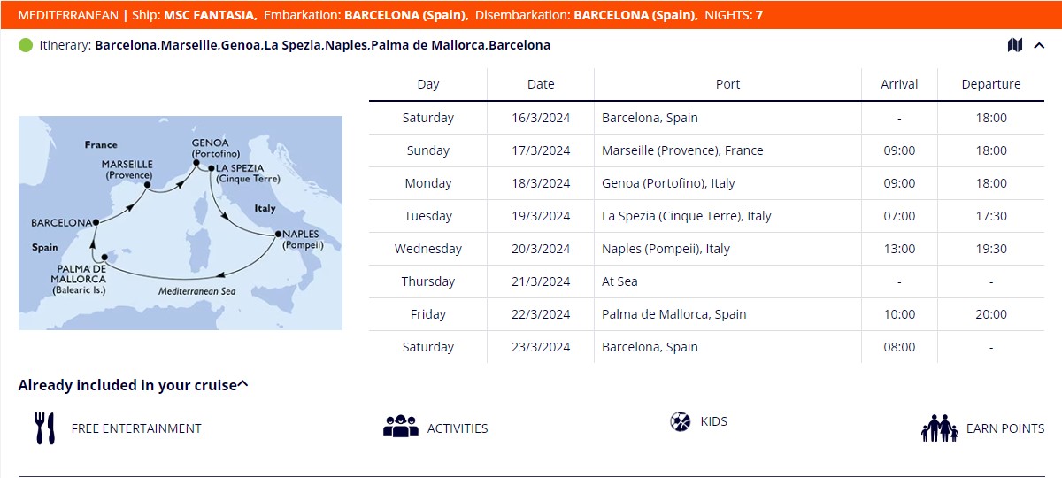 کروز اروپایی 16 مارس 2024 کشتی فانتازیا
