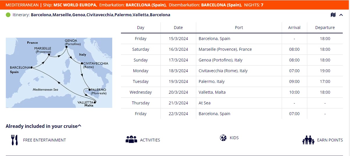 آیتینری کروز اروپایی 15 مارس 2024 کشتی ورد اروپا